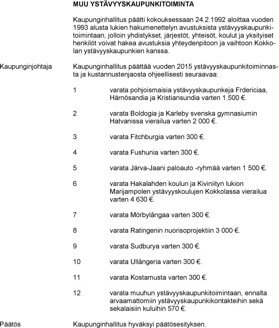 avustuksia yhteydenpitoon ja vaihtoon Kok kolan ystävyyskaupunkien kanssa.