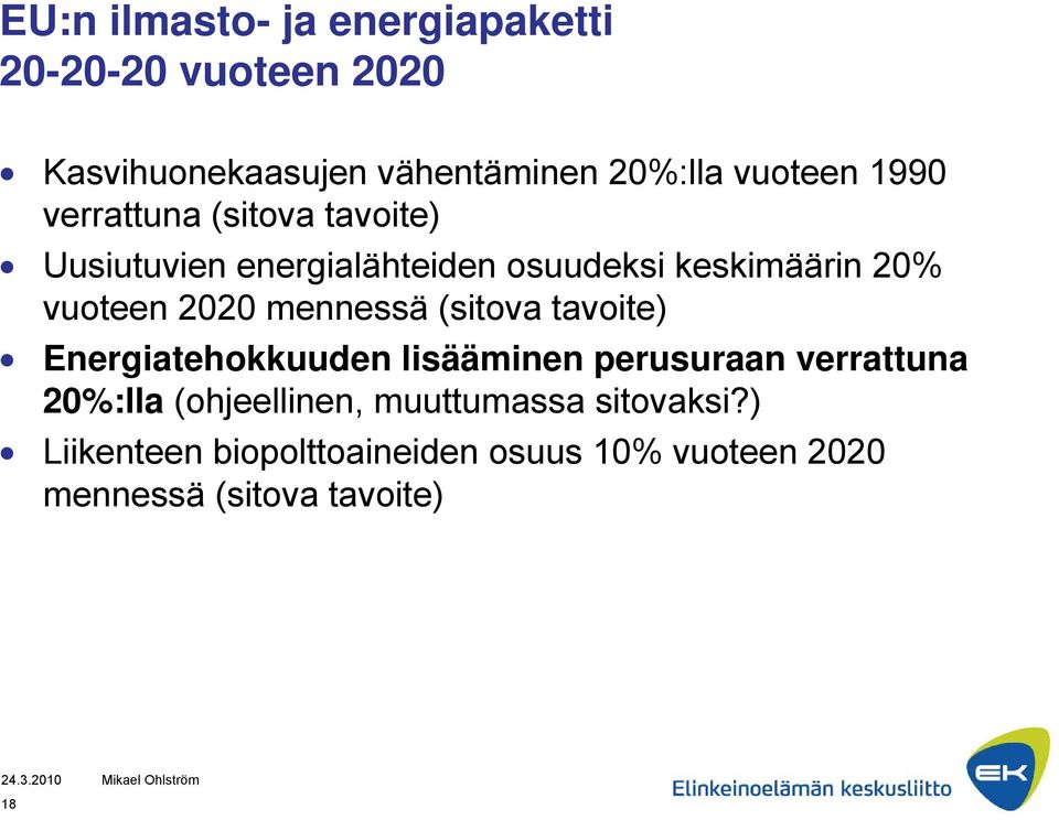 mennessä (sitova tavoite) Energiatehokkuuden lisääminen perusuraan verrattuna 20%:lla (ohjeellinen,