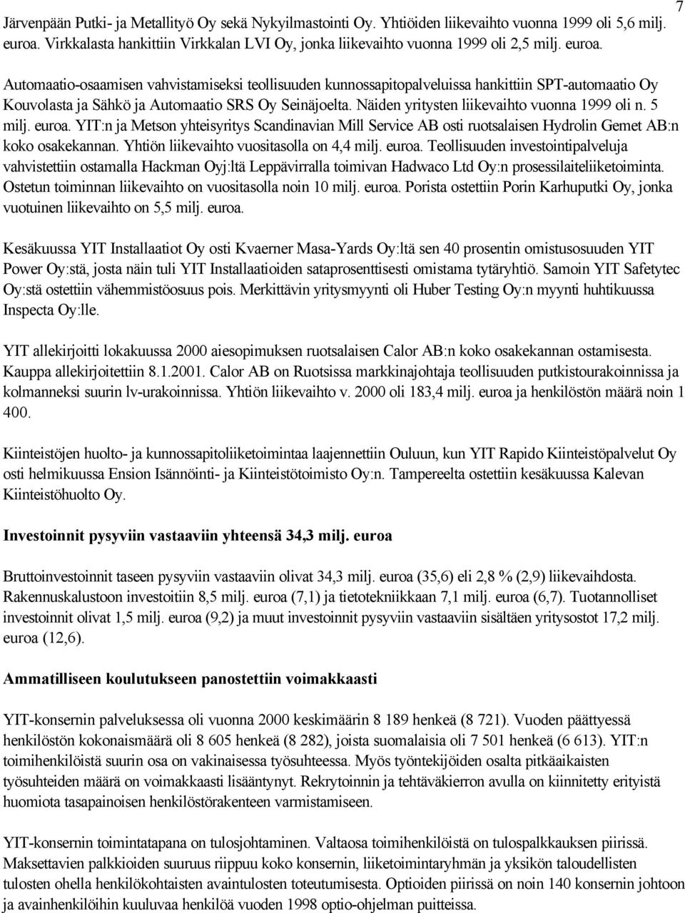 Näiden yritysten liikevaihto vuonna 1999 oli n. 5 milj. euroa. YIT:n ja Metson yhteisyritys Scandinavian Mill Service AB osti ruotsalaisen Hydrolin Gemet AB:n koko osakekannan.