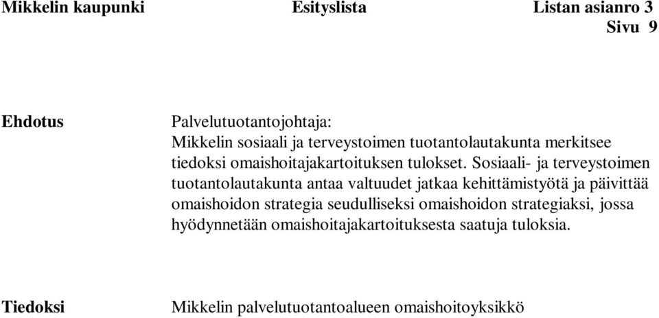 Sosiaali- ja terveystoimen tuotantolautakunta antaa valtuudet jatkaa kehittämistyötä ja päivittää omaishoidon