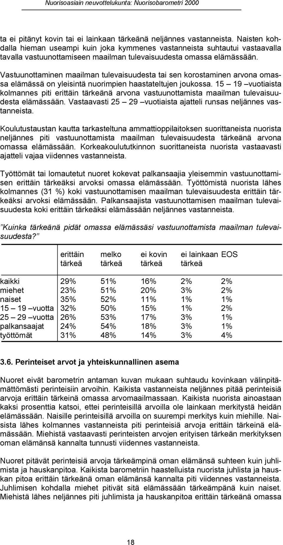 Vastuunottaminen maailman tulevaisuudesta tai sen korostaminen arvona omassa elämässä on yleisintä nuorimpien haastateltujen joukossa.