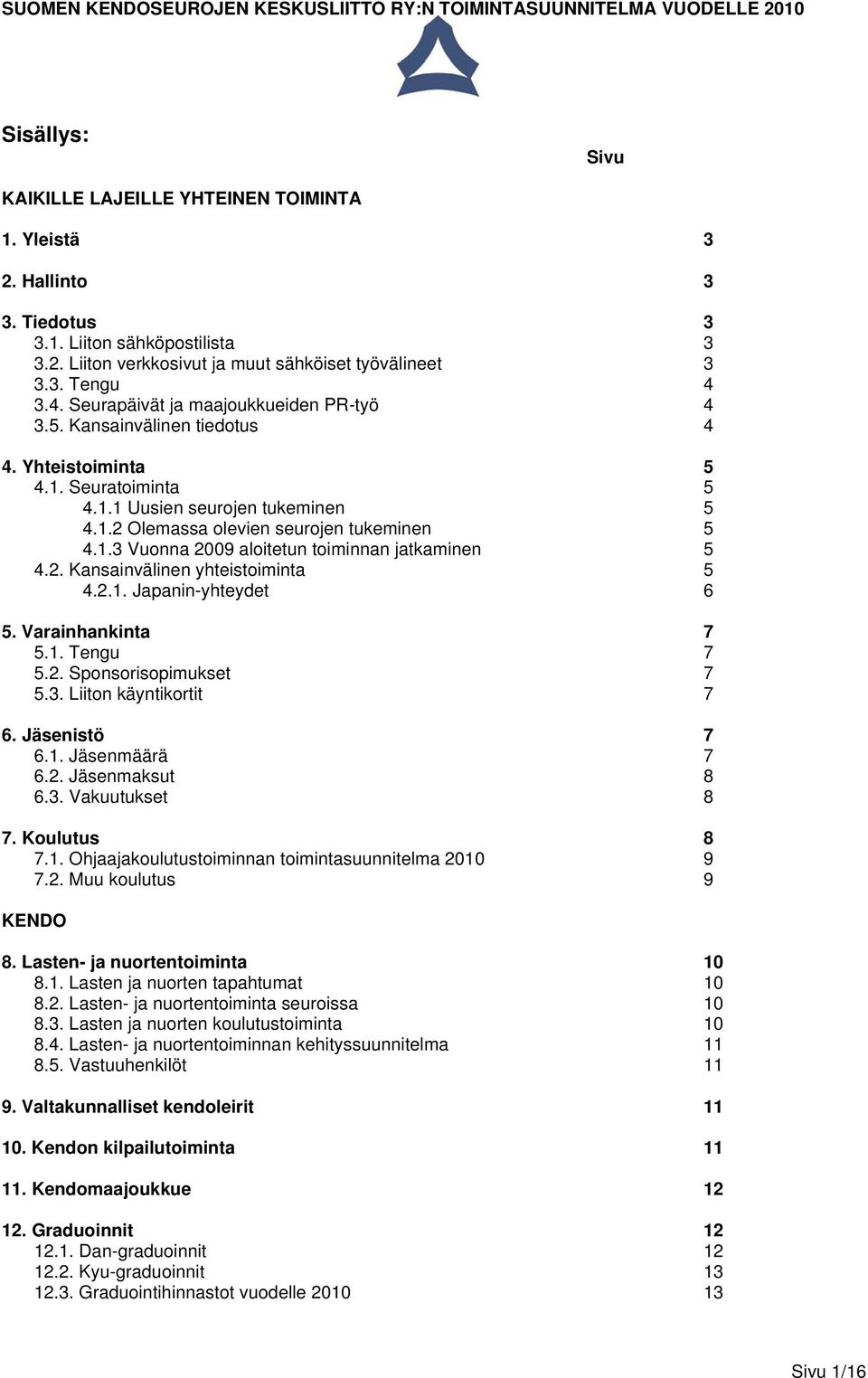 2. Kansainvälinen yhteistoiminta 5 4.2.1. Japanin-yhteydet 6 5. Varainhankinta 7 5.1. Tengu 7 5.2. Sponsorisopimukset 7 5.3. Liiton käyntikortit 7 6. Jäsenistö 7 6.1. Jäsenmäärä 7 6.2. Jäsenmaksut 8 6.