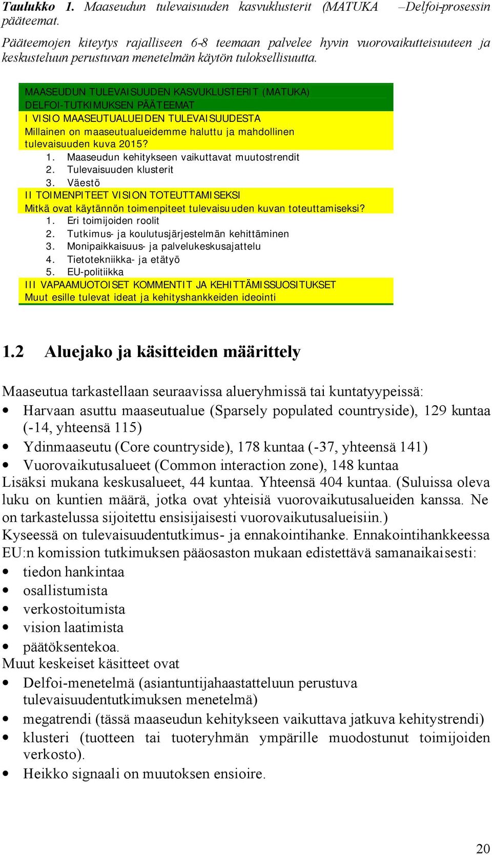 MAASEUDUN TULEVAISUUDEN KASVUKLUSTERIT (MATUKA) DELFOI-TUTKIMUKSEN PÄÄTEEMAT I VISIO MAASEUTUALUEIDEN TULEVAISUUDESTA Millainen on maaseutualueidemme haluttu ja mahdollinen tulevaisuuden kuva 2015? 1.