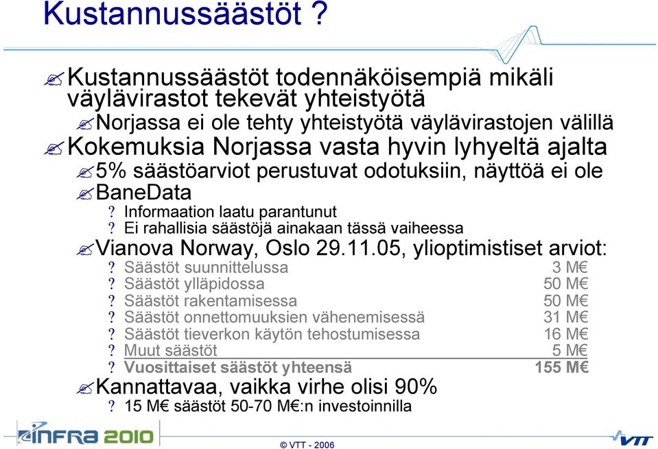 ajalta 5% säästöarviot perustuvat odotuksiin, näyttöä ei ole BaneData? Informaation laatu parantunut? Ei rahallisia säästöjä ainakaan tässä vaiheessa Vianova Norway, Oslo 29.