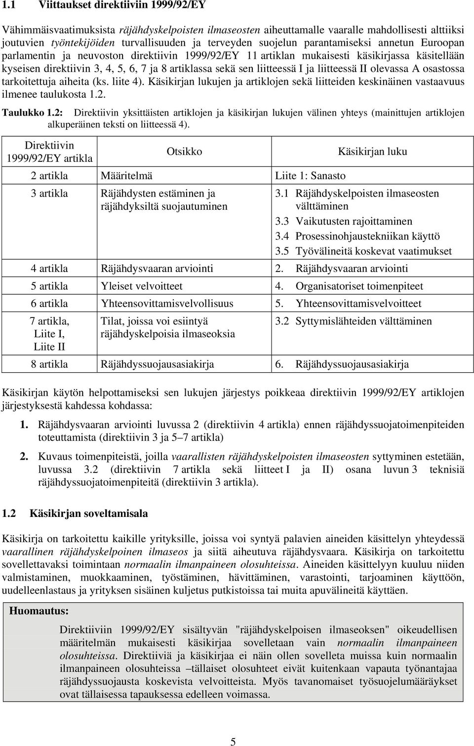 liitteessä I ja liitteessä II olevassa A osastossa tarkoitettuja aiheita (ks. liite 4). Käsikirjan lukujen ja artiklojen sekä liitteiden keskinäinen vastaavuus ilmenee taulukosta 1.2. Taulukko 1.