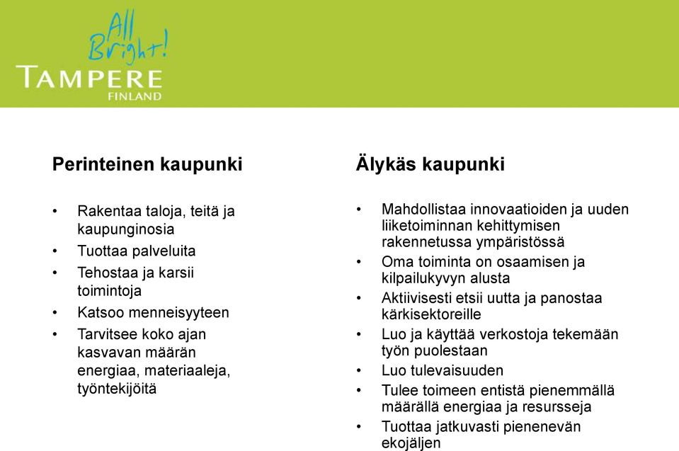 rakennetussa ympäristössä Oma toiminta on osaamisen ja kilpailukyvyn alusta Aktiivisesti etsii uutta ja panostaa kärkisektoreille Luo ja käyttää
