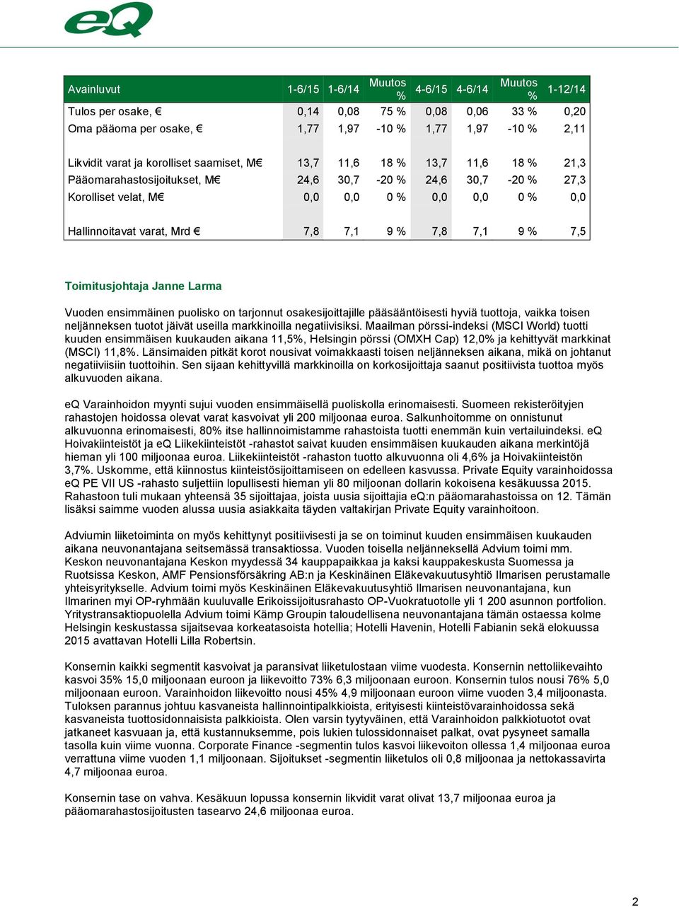 7,1 9 % 7,8 7,1 9 % 7,5 Toimitusjohtaja Janne Larma Vuoden ensimmäinen puolisko on tarjonnut osakesijoittajille pääsääntöisesti hyviä tuottoja, vaikka toisen neljänneksen tuotot jäivät useilla