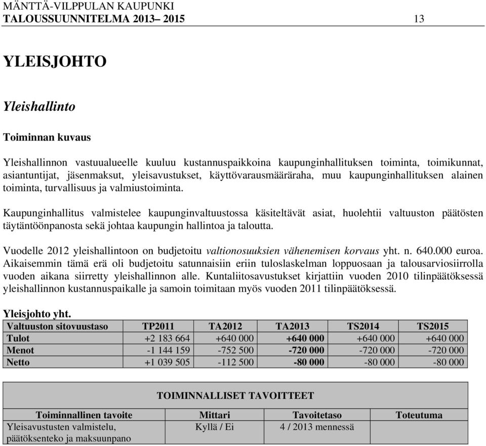 Kaupunginhallitus valmistelee kaupunginvaltuustossa käsiteltävät asiat, huolehtii valtuuston päätösten täytäntöönpanosta sekä johtaa kaupungin hallintoa ja taloutta.