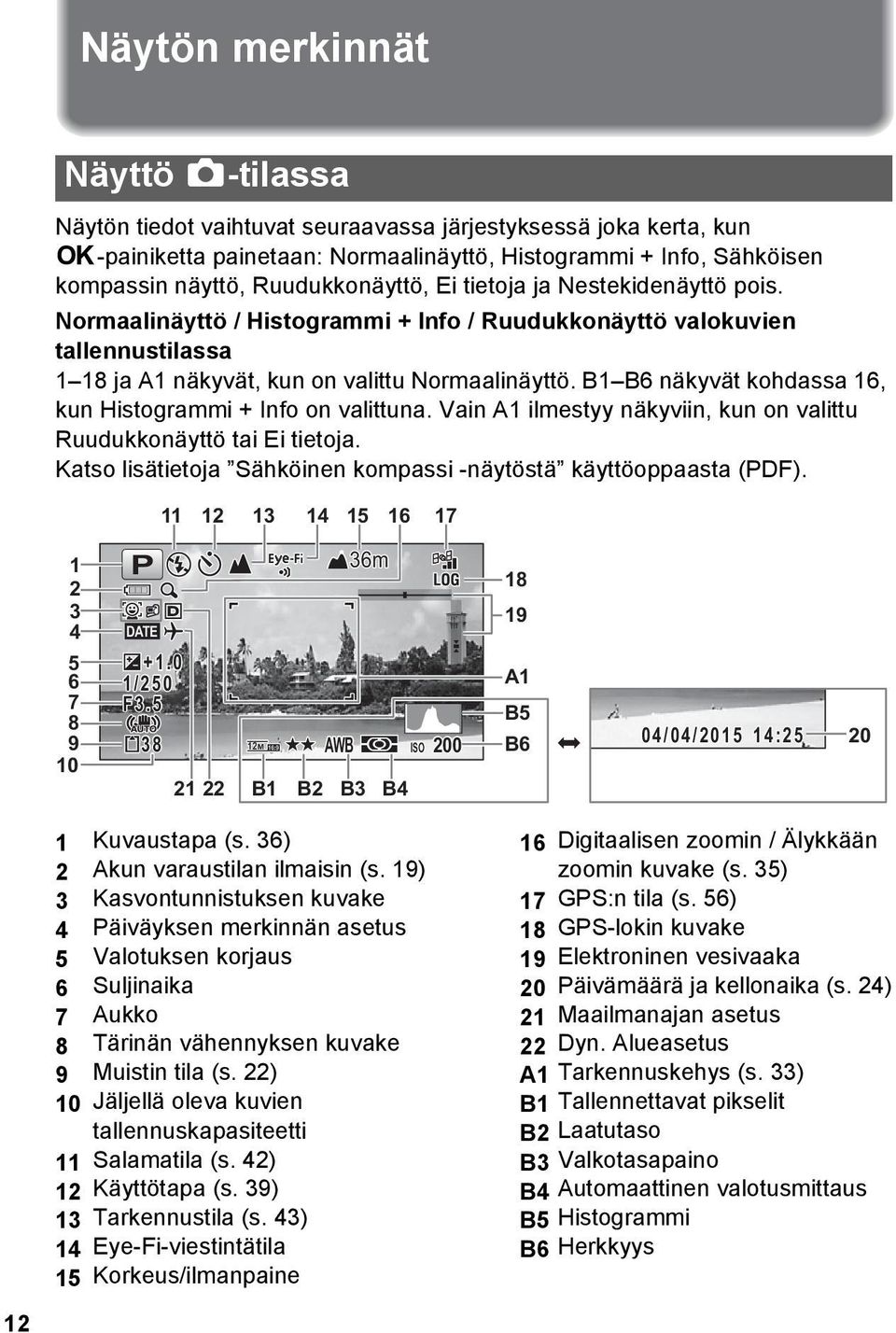B1 B6 näkyvät kohdassa 16, kun Histogrammi + Info on valittuna. Vain A1 ilmestyy näkyviin, kun on valittu Ruudukkonäyttö tai Ei tietoja.