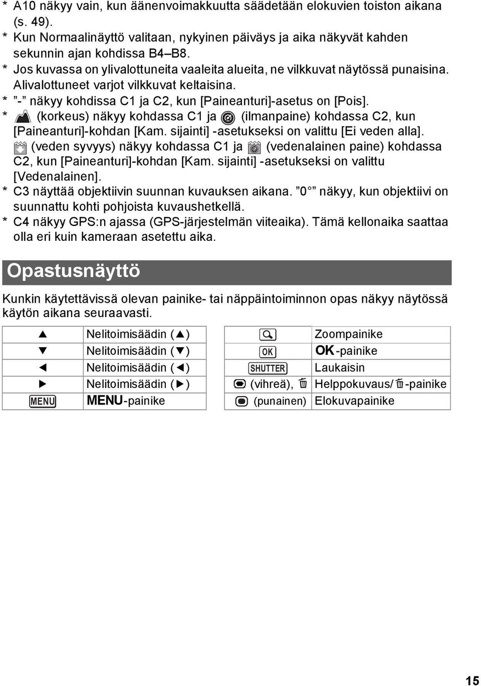 * (korkeus) näkyy kohdassa C1 ja (ilmanpaine) kohdassa C2, kun [Paineanturi]-kohdan [Kam. sijainti] -asetukseksi on valittu [Ei veden alla].