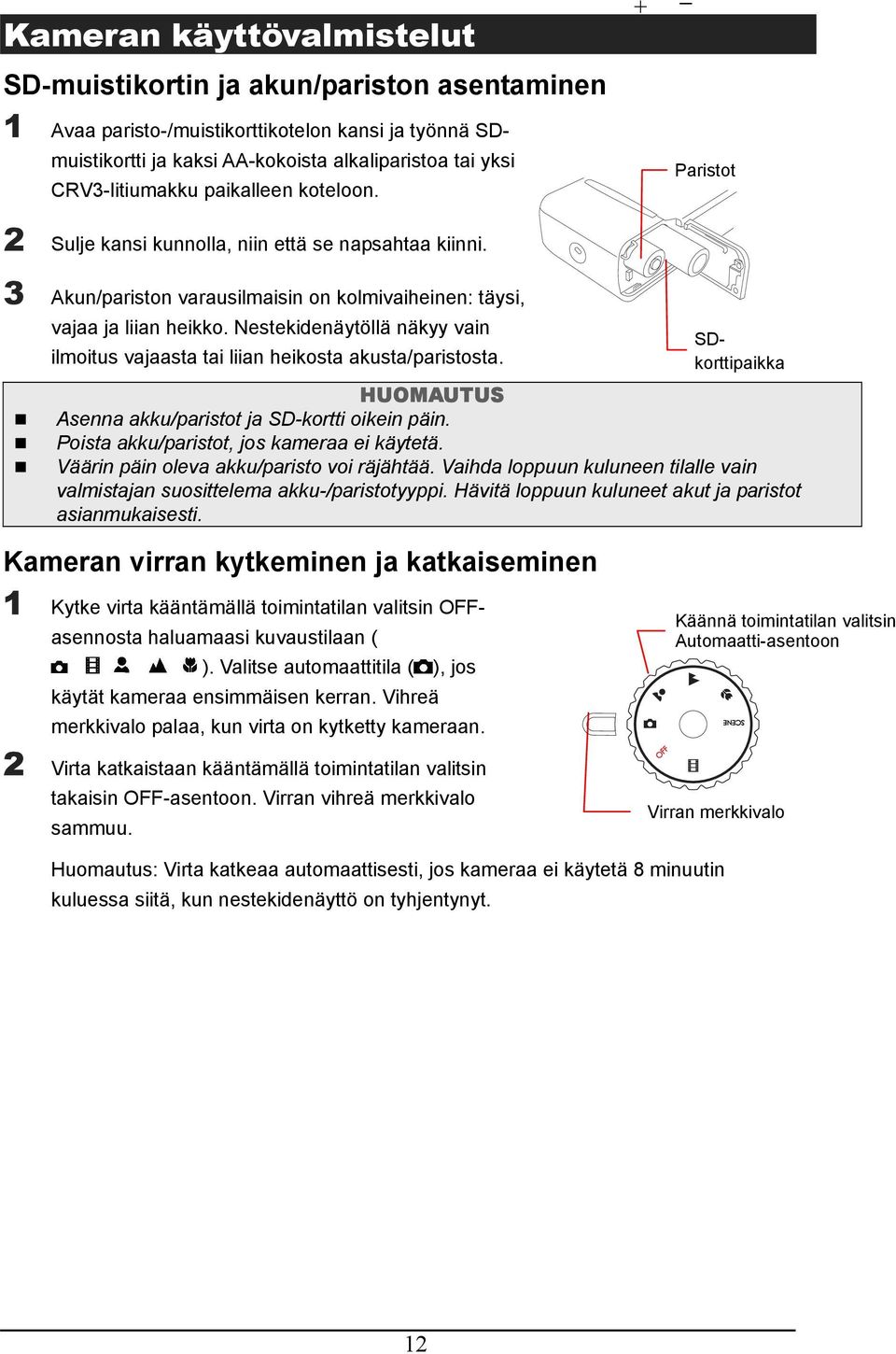 Nestekidenäytöllä näkyy vain ilmoitus vajaasta tai liian heikosta akusta/paristosta. SDkorttipaikka HUOMAUTUS Asenna akku/paristot ja SD-kortti oikein päin.