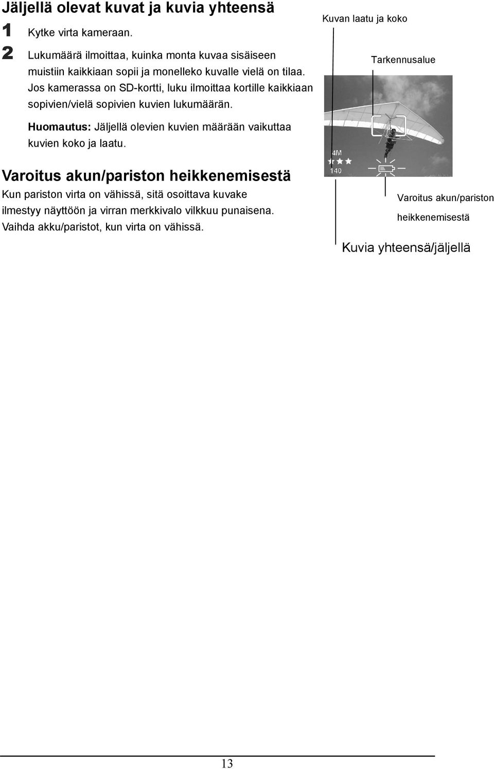 Jos kamerassa on SD-kortti, luku ilmoittaa kortille kaikkiaan sopivien/vielä sopivien kuvien lukumäärän.