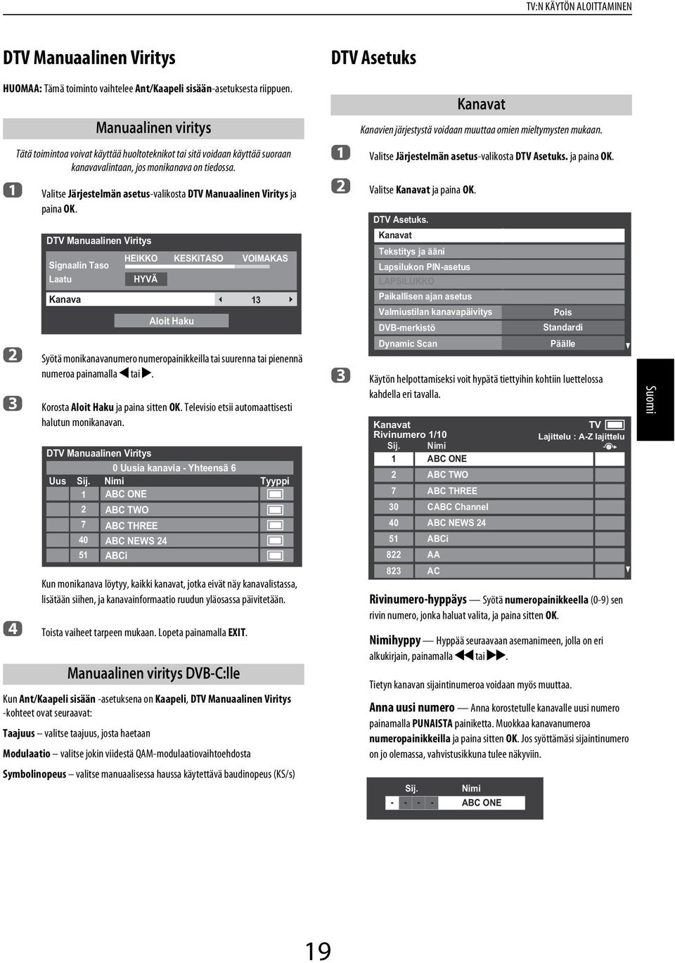 DTV Mnulinen Viritys HEIKKO Signlin Tso Ltu HYVÄ Knv Aloit Hku KESKITASO Syötä moniknvnumero numeropinikkeill ti suurenn ti pienennä numero pinmll C ti. Korost Aloit Hku j pin sitten OK.