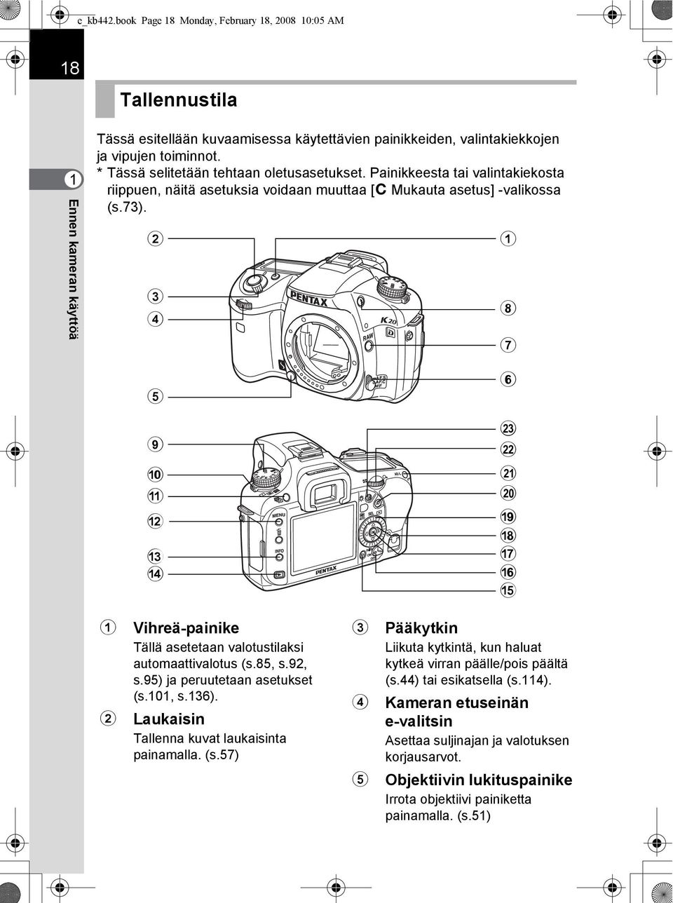 2 3 4 1 8 7 5 9 0 a b c d 1 Vihreä-painike Tällä asetetaan valotustilaksi automaattivalotus (s.85, s.92, s.95) ja peruutetaan asetukset (s.101, s.136).