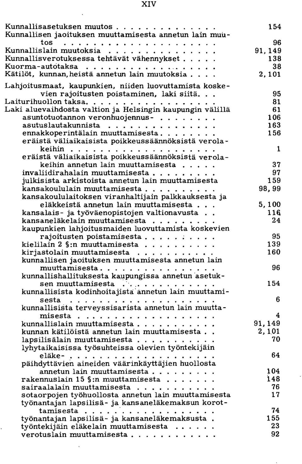 ................. Laki aluevaihdosta valtion ja Helsingin kaupungin välillä asuntotuotannon veronhuojennus-. asutuslautakunnista............... ennakkoperintälain muuttamisesta.