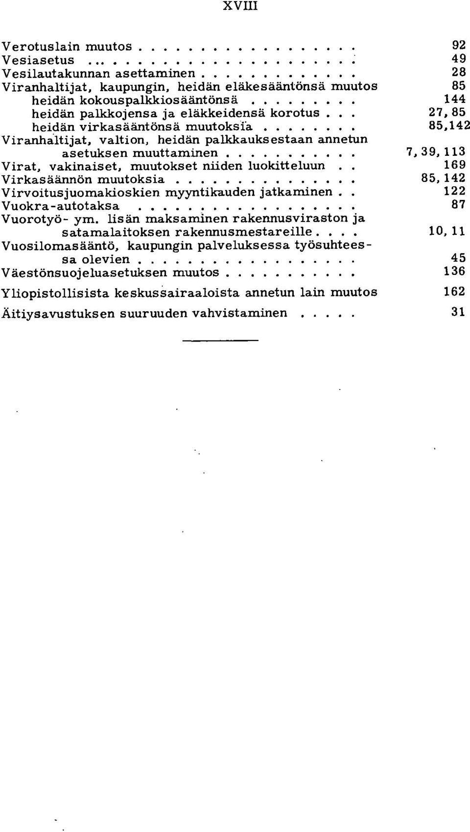 ........ Virat, vakinaiset, muutokset niiden luokitteluun Virkasäännön muutoksia............. Virvoitusjuomakioskien myyntikauden jatkaminen. Vuokra-autotaksa....... Vuorot yö- ym.