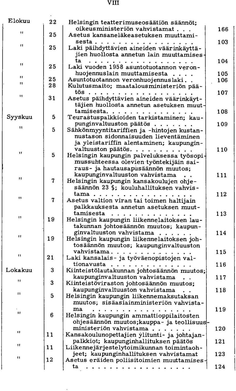 103 Laki päihdyttävien aineiden väärinkäyttäjien huollosta annetun lain muuttamises ta 104 Laki vuoden 1958 asuntotuotannon veronhuojennuslain muuttamisesta.. -.