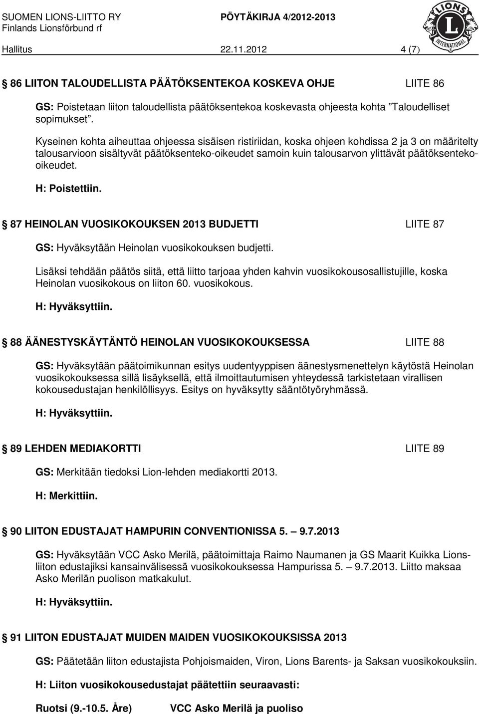 päätöksentekooikeudet. H: Poistettiin. 87 HEINOLAN VUOSIKOKOUKSEN 2013 BUDJETTI LIITE 87 GS: Hyväksytään Heinolan vuosikokouksen budjetti.