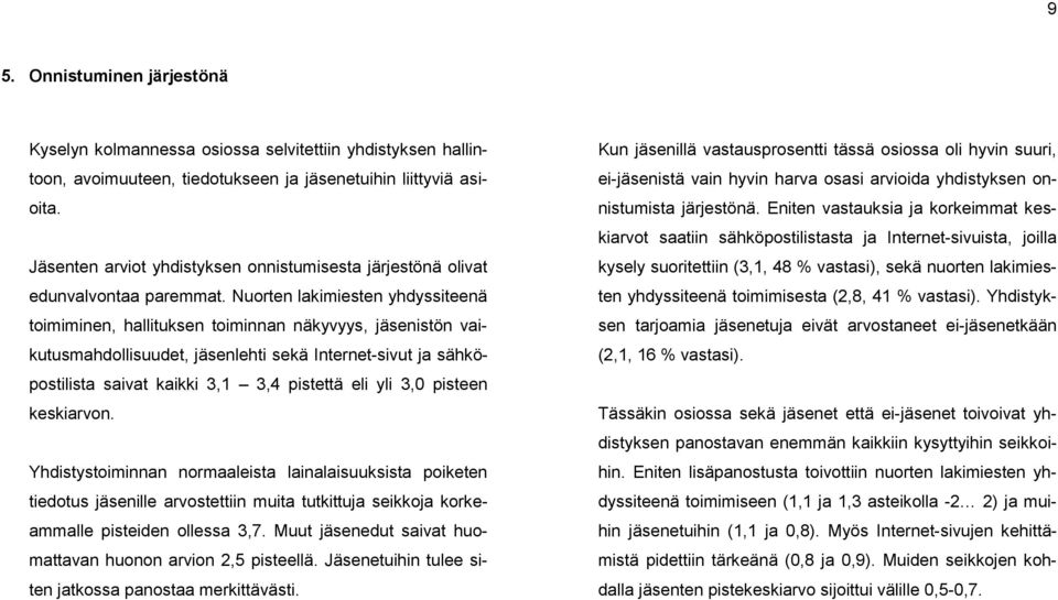 Nuorten lakimiesten yhdyssiteenä toimiminen, hallituksen toiminnan näkyvyys, jäsenistön vaikutusmahdollisuudet, jäsenlehti sekä Internet-sivut ja sähköpostilista saivat kaikki 3,1 3,4 pistettä eli