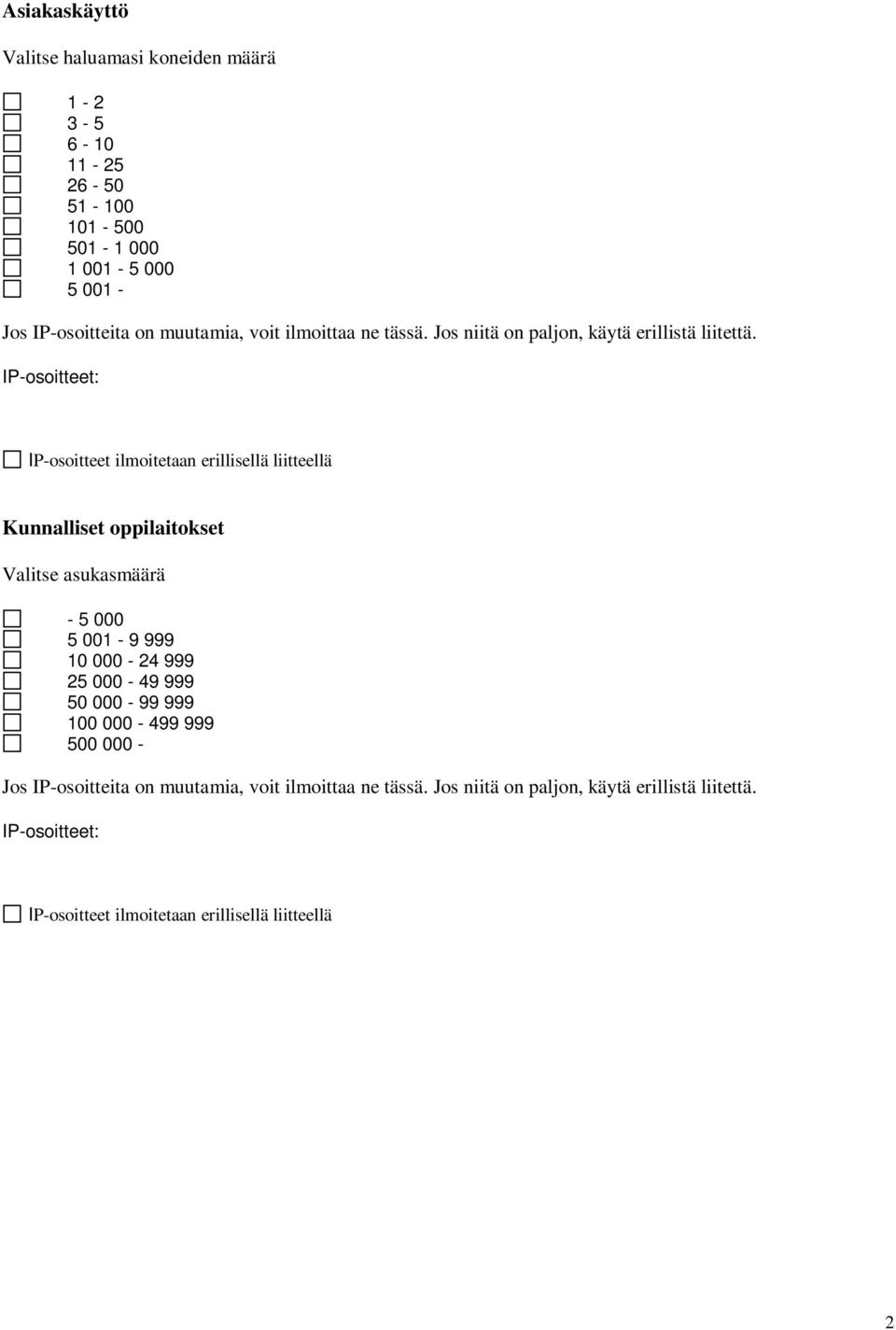 IP-osoitteet: IP-osoitteet ilmoitetaan erillisellä liitteellä Kunnalliset oppilaitokset Valitse asukasmäärä - 5 000 5 001-9 999 10 000-24 999 25