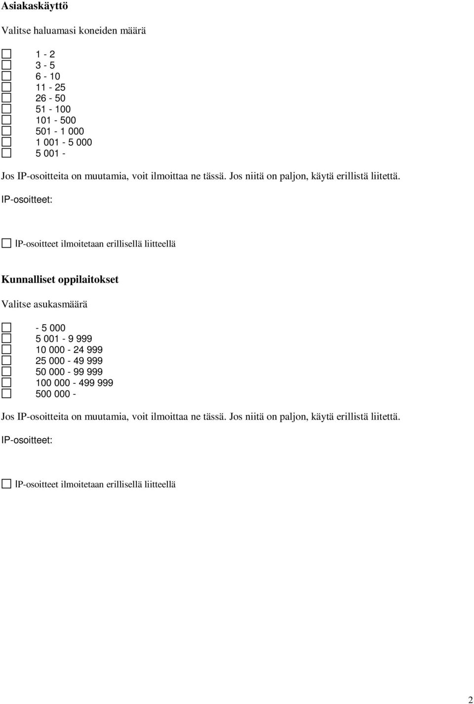 IP-osoitteet: IP-osoitteet ilmoitetaan erillisellä liitteellä Kunnalliset oppilaitokset Valitse asukasmäärä - 5 000 5 001-9 999 10 000-24 999 25