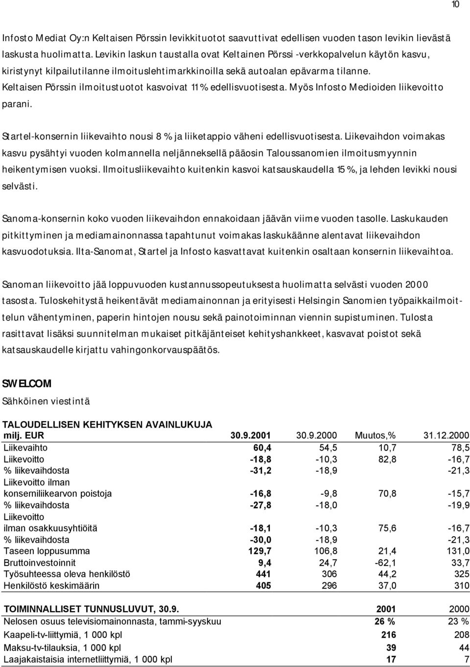 Keltaisen Pörssin ilmoitustuotot kasvoivat 11 % edellisvuotisesta. Myös Infosto Medioiden liikevoitto parani. Startel-konsernin liikevaihto nousi 8 % ja liiketappio väheni edellisvuotisesta.