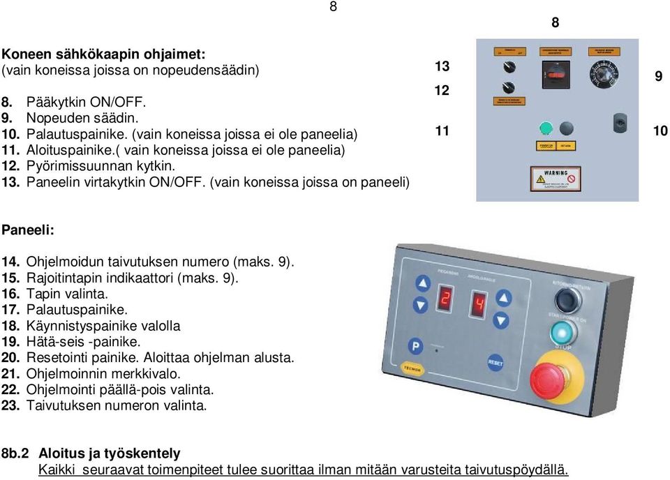 Ohjelmoidun taivutuksen numero (maks. 9). 15. Rajoitintapin indikaattori (maks. 9). 16. Tapin valinta. 17. Palautuspainike. 18. Käynnistyspainike valolla 19. Hätä-seis -painike. 20.