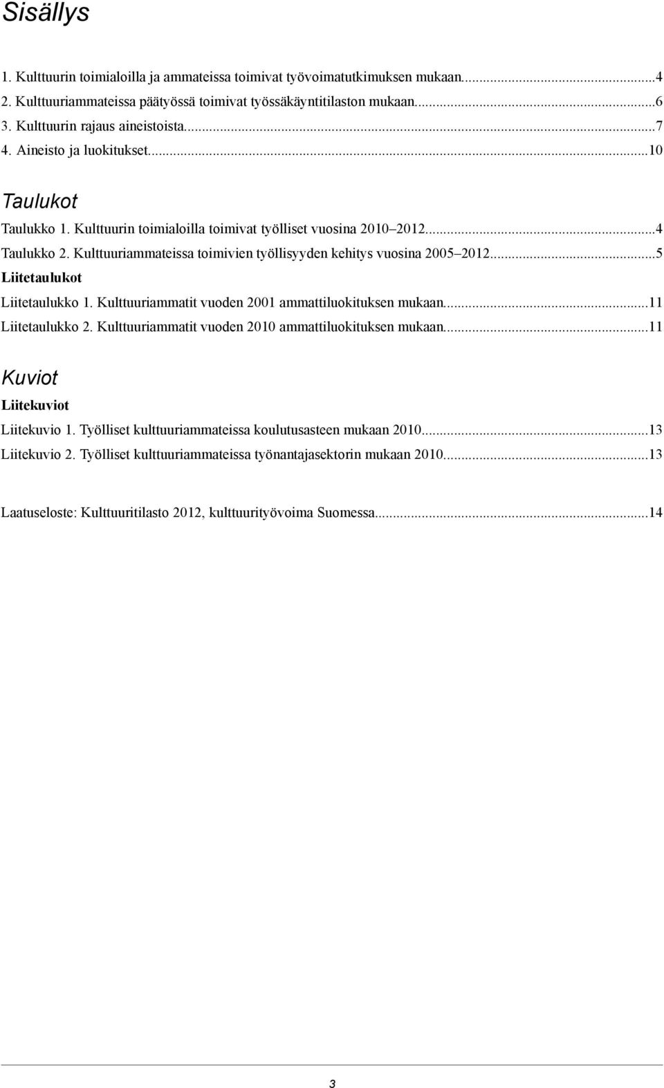 Kulttuuriammateissa toimivien työllisyyden kehitys vuosina 2005 2012...5 Liitetaulukot Liitetaulukko 1. Kulttuuriammatit vuoden 2001 ammattiluokituksen mukaan...11 Liitetaulukko 2.