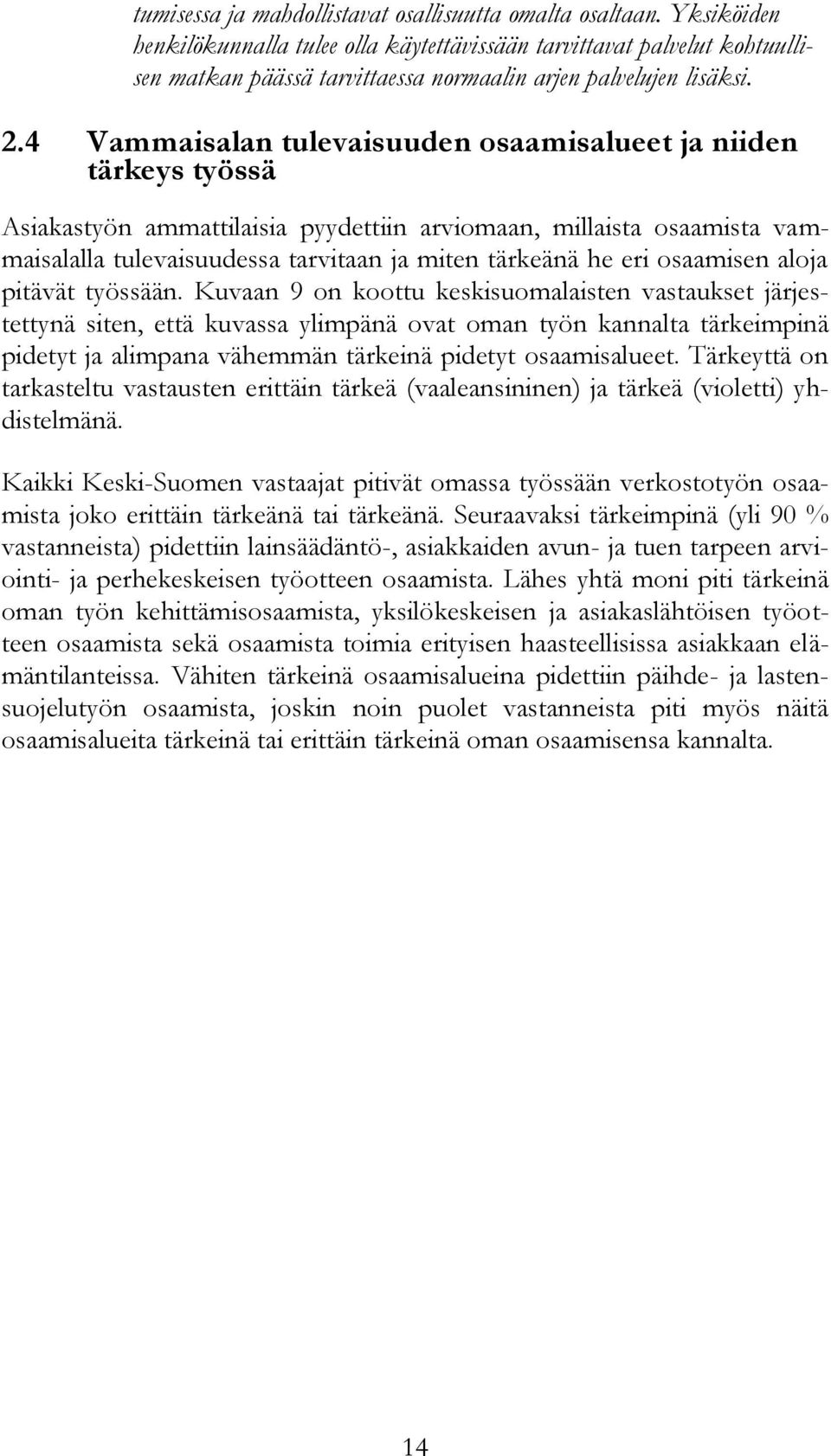 4 Vammaisalan tulevaisuuden osaamisalueet ja niiden tärkeys työssä Asiakastyön ammattilaisia pyydettiin arviomaan, millaista osaamista vammaisalalla tulevaisuudessa tarvitaan ja miten tärkeänä he eri