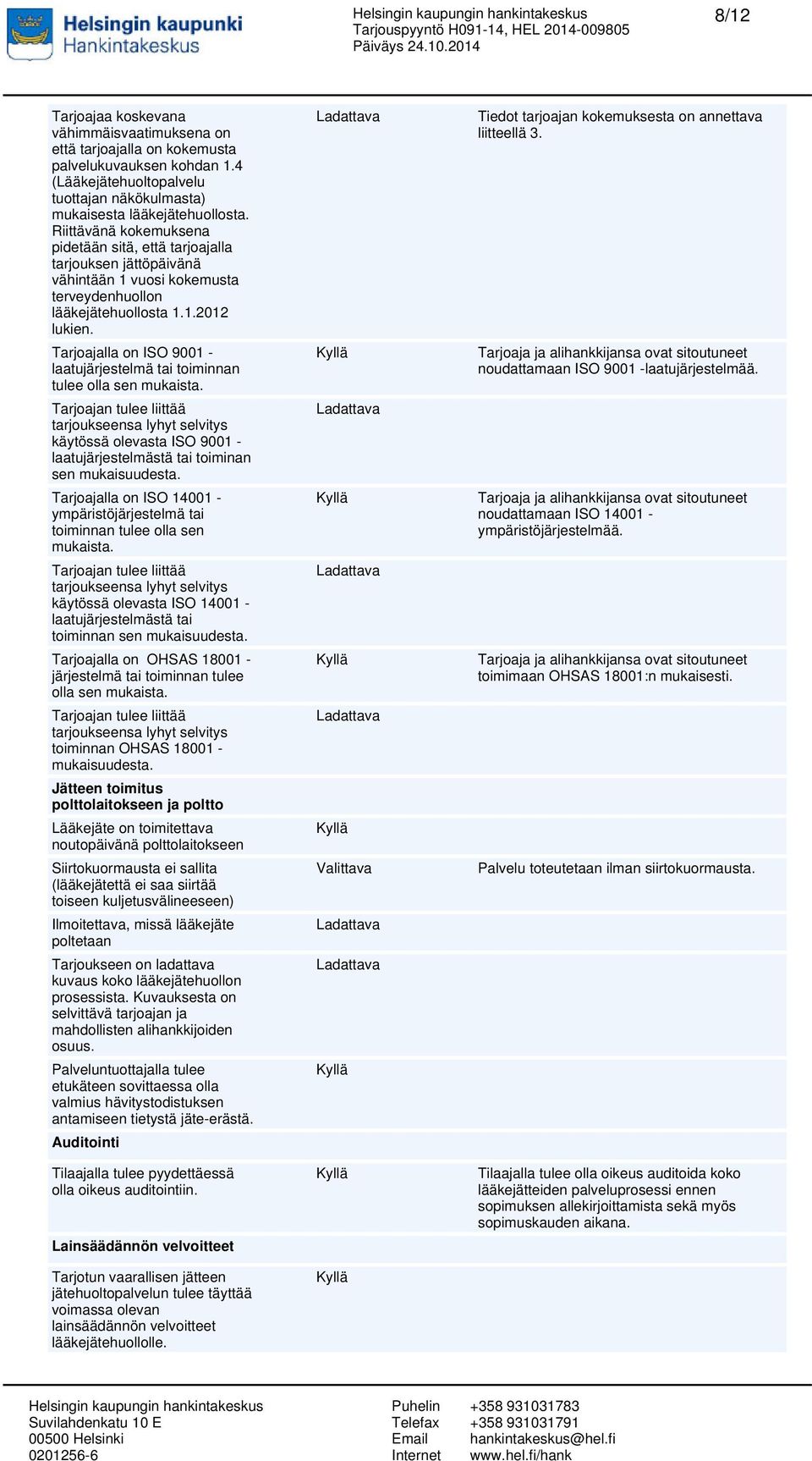 Tarjoajalla on ISO 9001 - laatujärjestelmä tai toiminnan tulee olla sen mukaista.