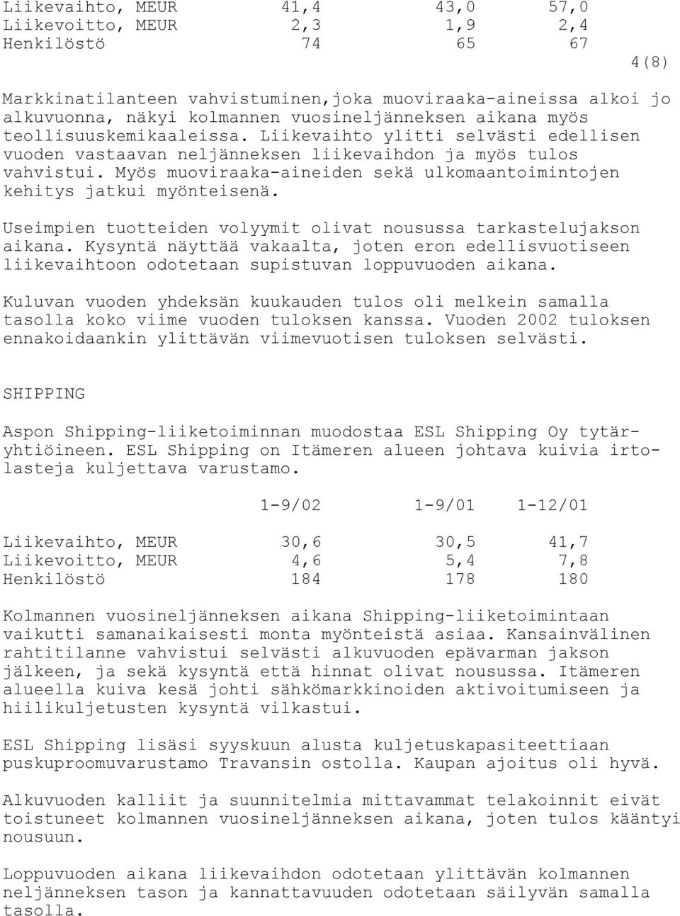 Myös muoviraaka-aineiden sekä ulkomaantoimintojen kehitys jatkui myönteisenä. Useimpien tuotteiden volyymit olivat nousussa tarkastelujakson aikana.