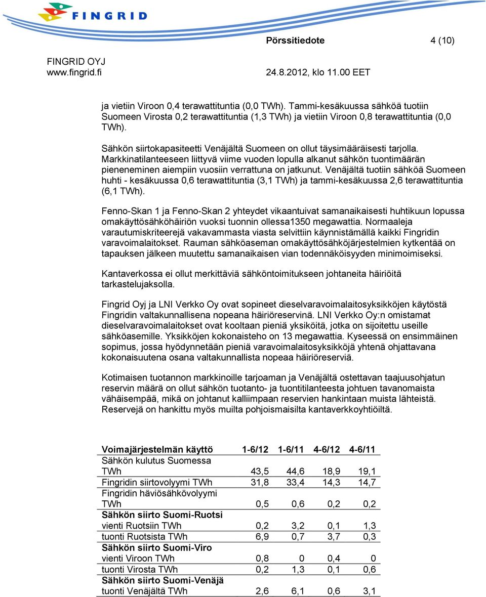 Markkinatilanteeseen liittyvä viime vuoden lopulla alkanut sähkön tuontimäärän pieneneminen aiempiin vuosiin verrattuna on jatkunut.