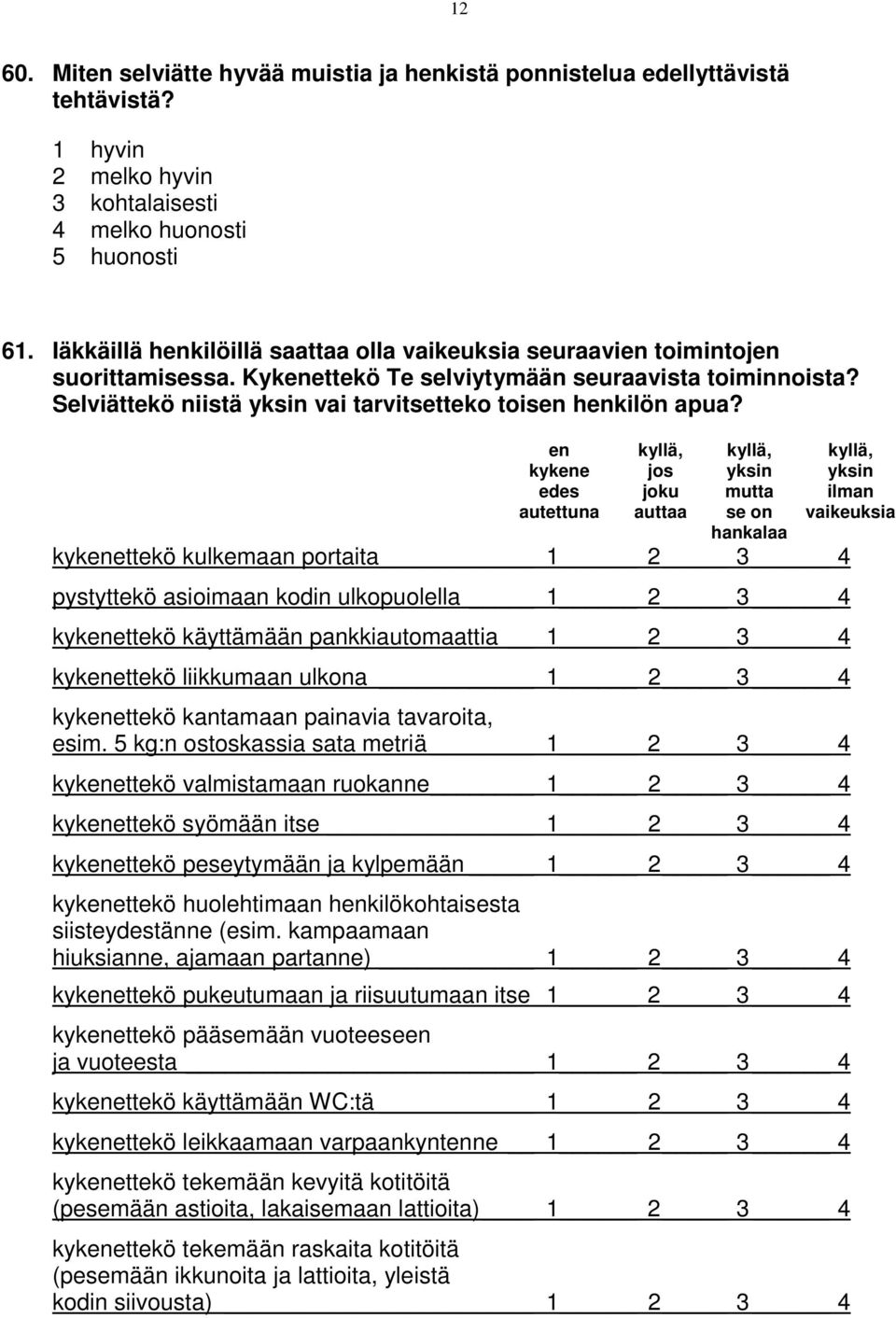 Selviättekö niistä yksin vai tarvitsetteko toisen henkilön apua?