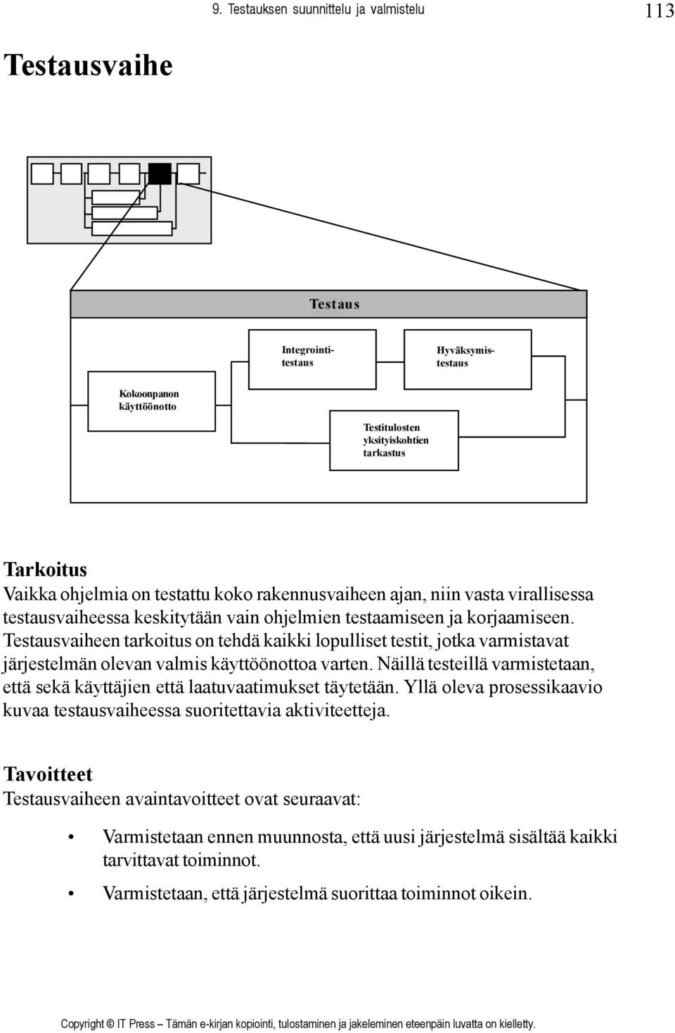 ohjelmien testaamiseen ja korjaamiseen. Testausvaiheen tarkoitus on tehdä kaikki lopulliset testit, jotka varmistavat järjestelmän olevan valmis käyttöönottoa varten.