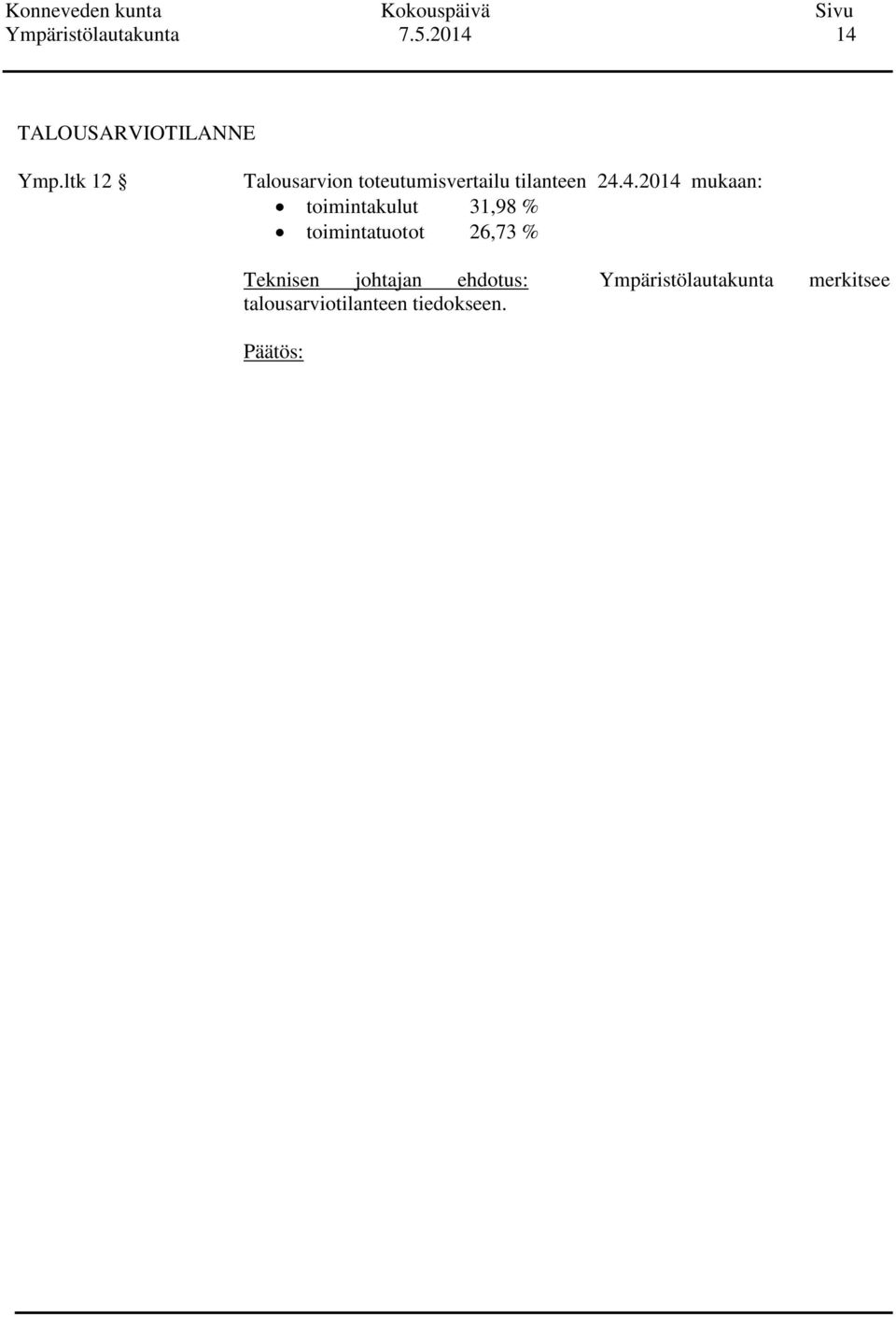 4.2014 mukaan: toimintakulut 31,98 % toimintatuotot 26,73 %
