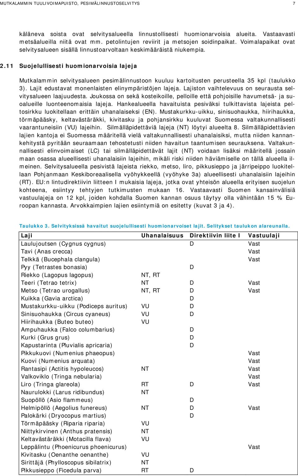 11 Suojelullisesti huomionarvoisia lajeja Mutkalammin selvitysalueen pesimälinnustoon kuuluu kartoitusten perusteella 35 kpl (taulukko 3). Lajit edustavat monenlaisten elinympäristöjen lajeja.