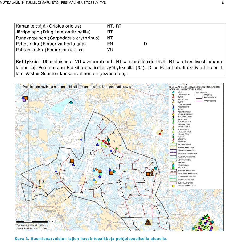 =vaarantunut, NT = silmälläpidettävä, RT = alueellisesti uhanalainen laji Pohjanmaan Keskiboreaalisella vyöhykkeellä (3a).