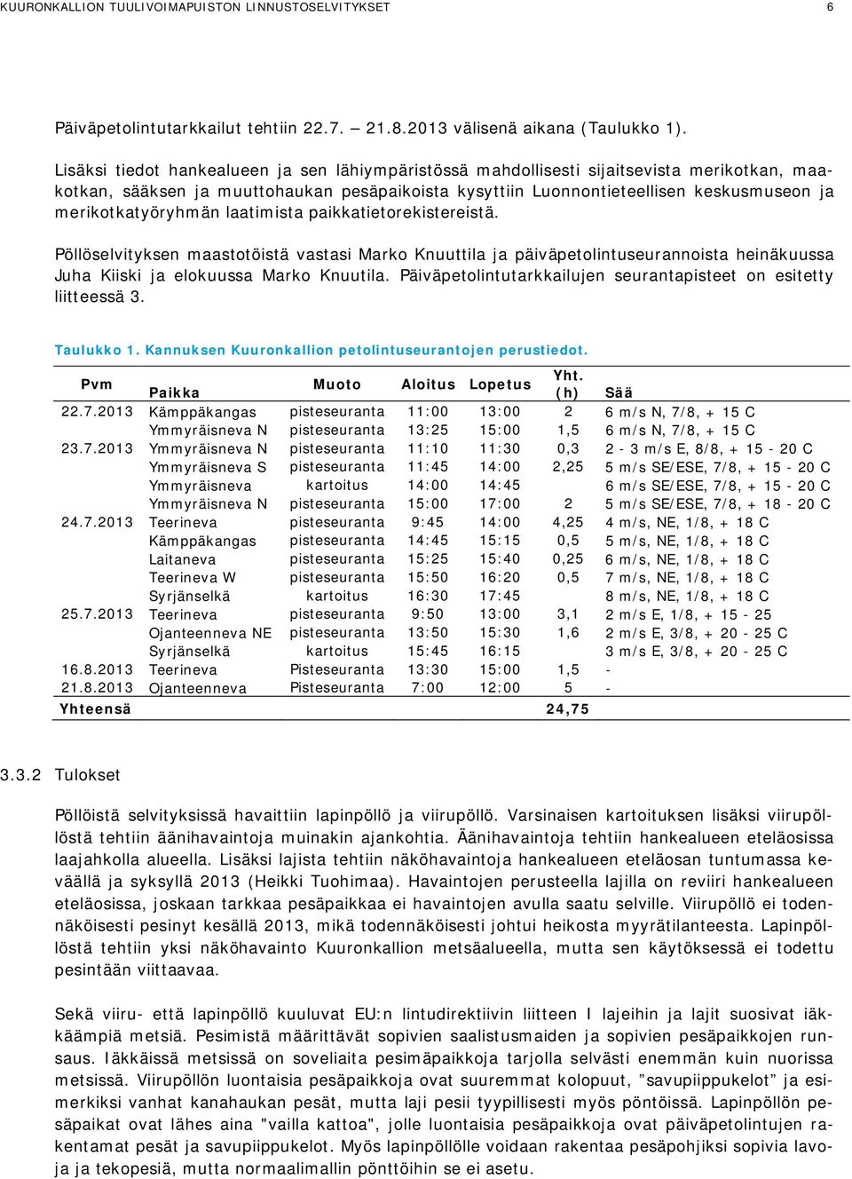 merikotkatyöryhmän laatimista paikkatietorekistereistä. Pöllöselvityksen maastotöistä vastasi Marko Knuuttila ja päiväpetolintuseurannoista heinäkuussa Juha Kiiski ja elokuussa Marko Knuutila.