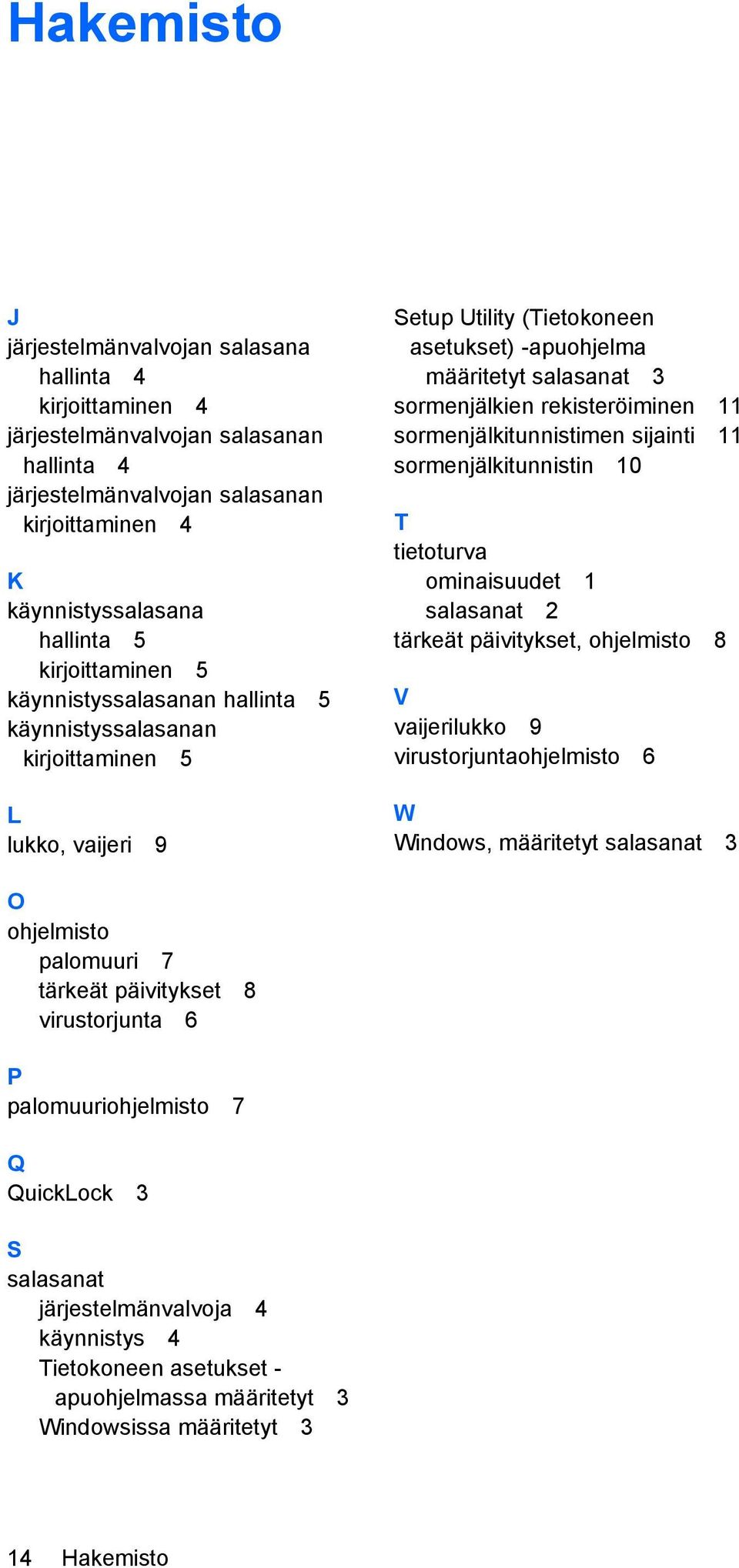 rekisteröiminen 11 sormenjälkitunnistimen sijainti 11 sormenjälkitunnistin 10 T tietoturva ominaisuudet 1 salasanat 2 tärkeät päivitykset, ohjelmisto 8 V vaijerilukko 9 virustorjuntaohjelmisto 6 W