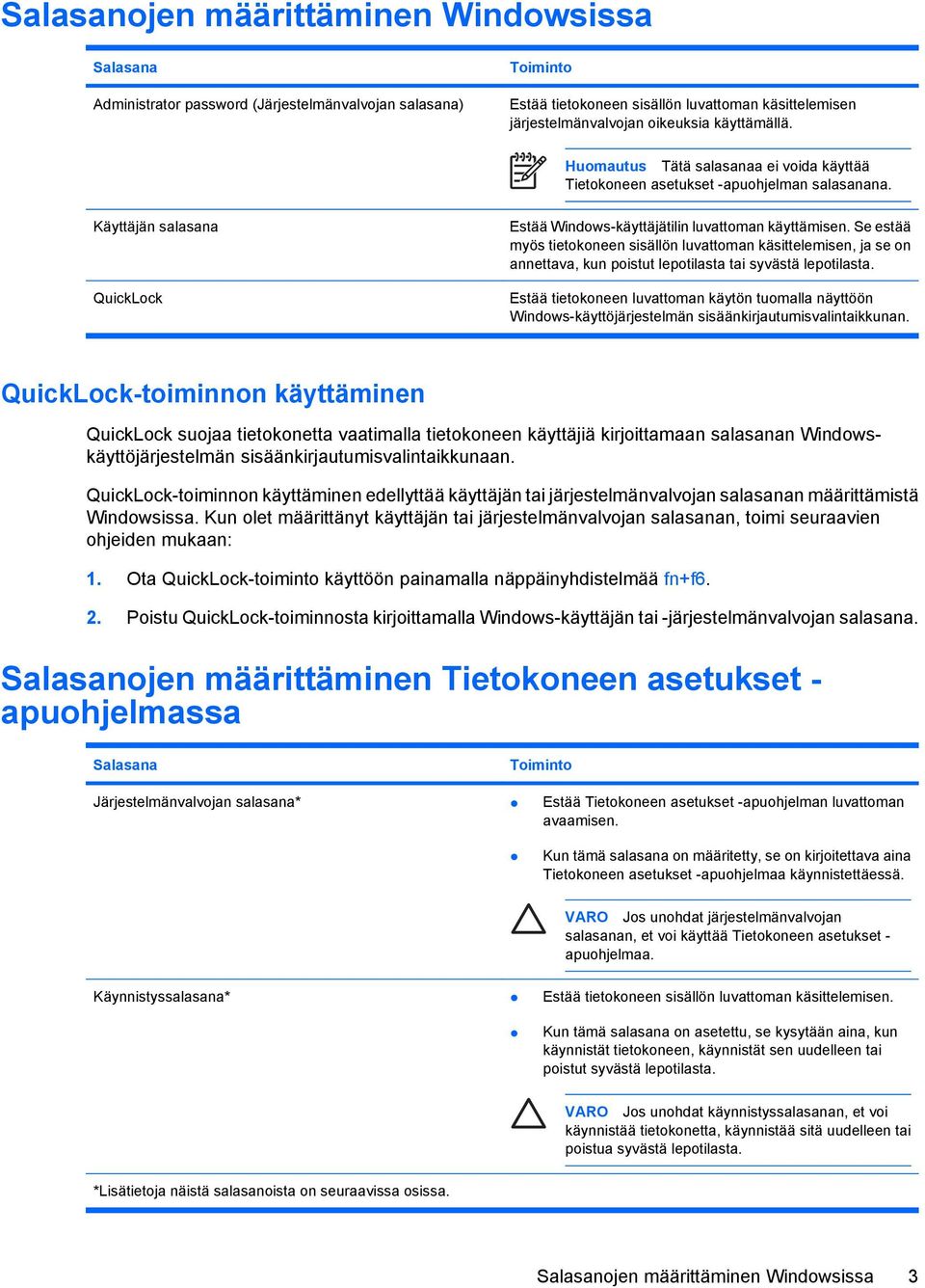 Se estää myös tietokoneen sisällön luvattoman käsittelemisen, ja se on annettava, kun poistut lepotilasta tai syvästä lepotilasta.