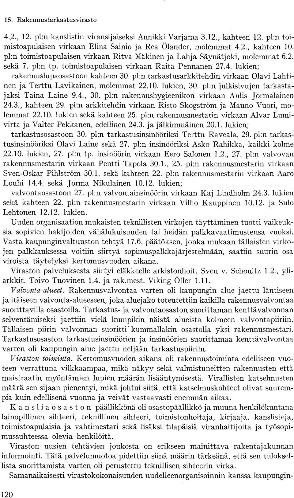pl:n tarkastusarkkitehdin virkaan Olavi Lahtinen ja Terttu Lavikainen, molemmat 22.10. lukien, 30. pl:n julkisivujen tarkastajaksi Taina Laine 9.4., 30. pl:n rakennushygieenikon virkaan Aulis Jormalainen 24.