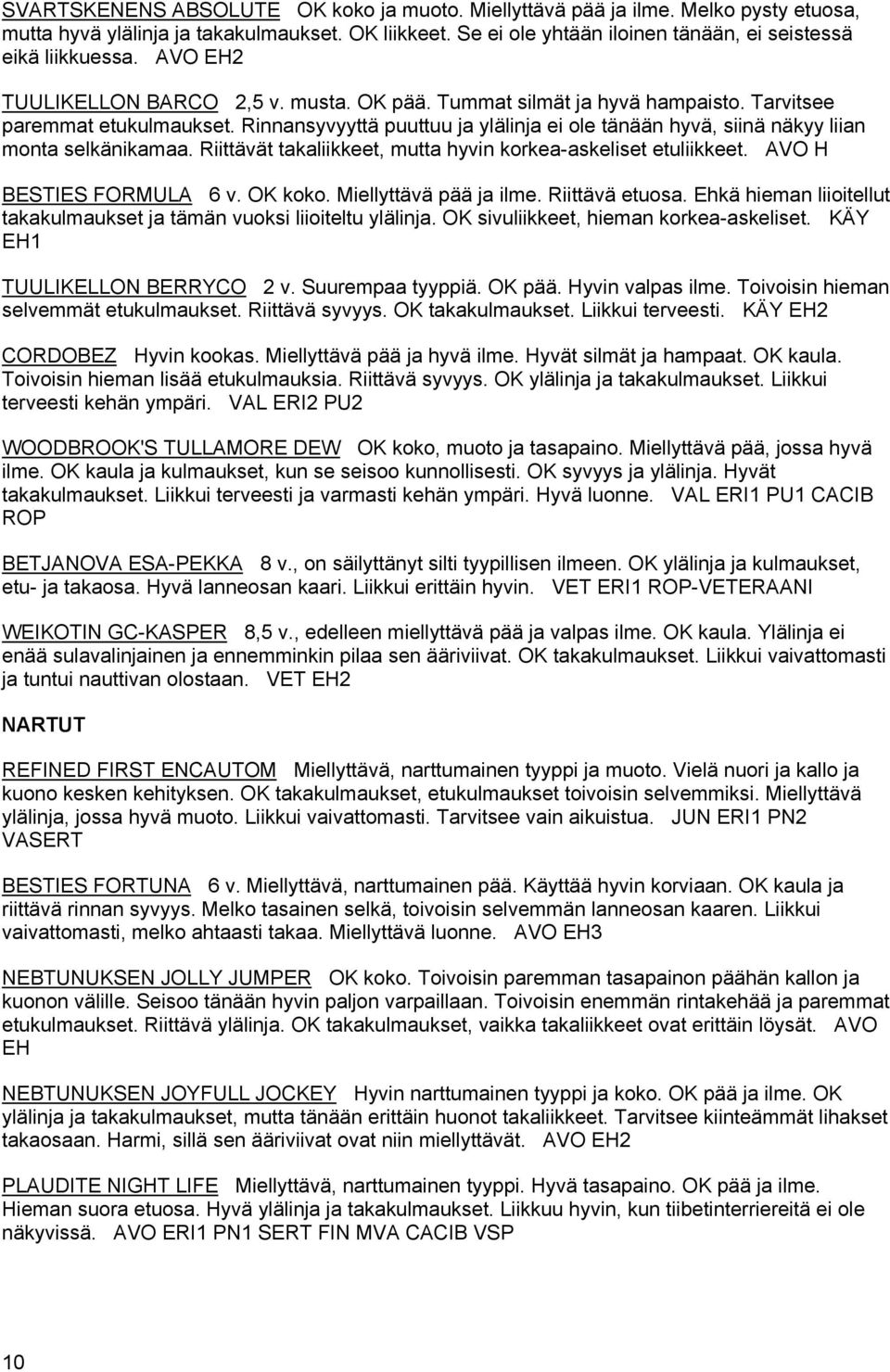 Rinnansyvyyttä puuttuu ja ylälinja ei ole tänään hyvä, siinä näkyy liian monta selkänikamaa. Riittävät takaliikkeet, mutta hyvin korkea-askeliset etuliikkeet. AVO H BESTIES FORMULA 6 v. OK koko.