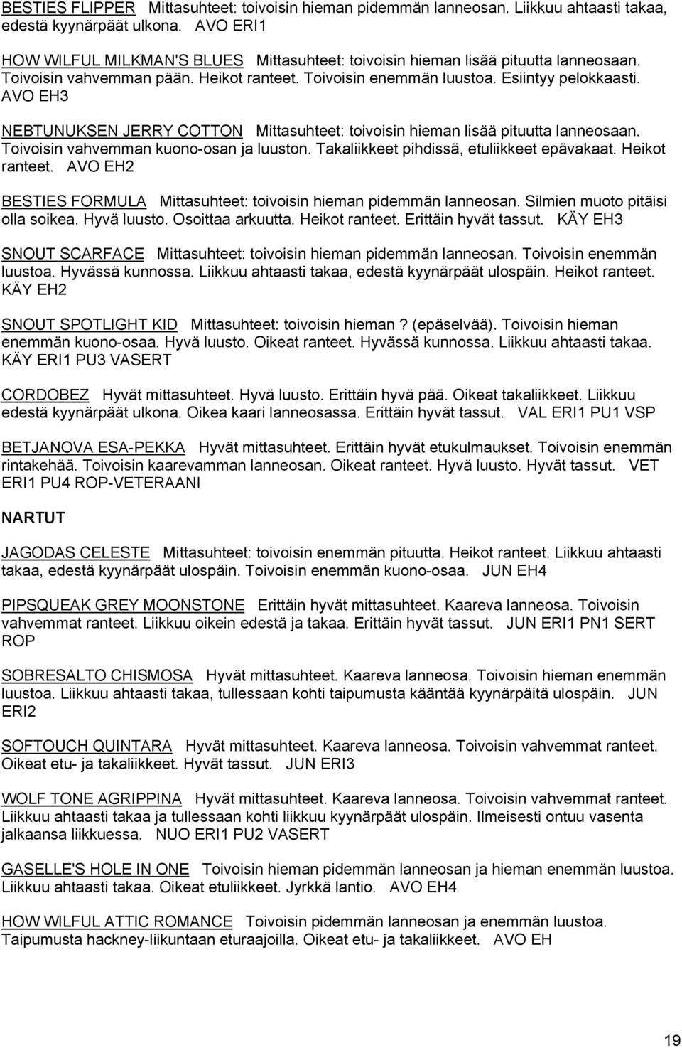 AVO EH3 NEBTUNUKSEN JERRY COTTON Mittasuhteet: toivoisin hieman lisää pituutta lanneosaan. Toivoisin vahvemman kuono-osan ja luuston. Takaliikkeet pihdissä, etuliikkeet epävakaat. Heikot ranteet.