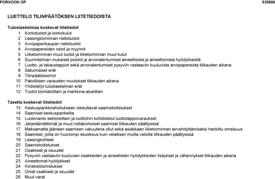 arvonalentumiset pysyviin vastaaviin kuuluvista arvopapereista tilikauden aikana 8 Satunnaiset erät 9 Tilinpäätössiirrot 10 Pakollisten varausten muutokset tilikauden aikana 11 Yhdistellyt