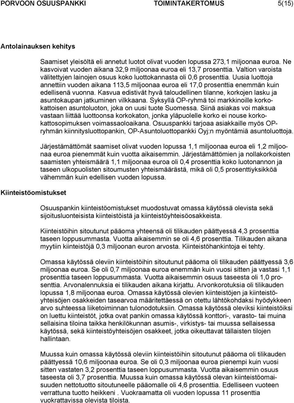 Uusia luottoja annettiin vuoden aikana 113,5 miljoonaa euroa eli 17,0 prosenttia enemmän kuin edellisenä vuonna.