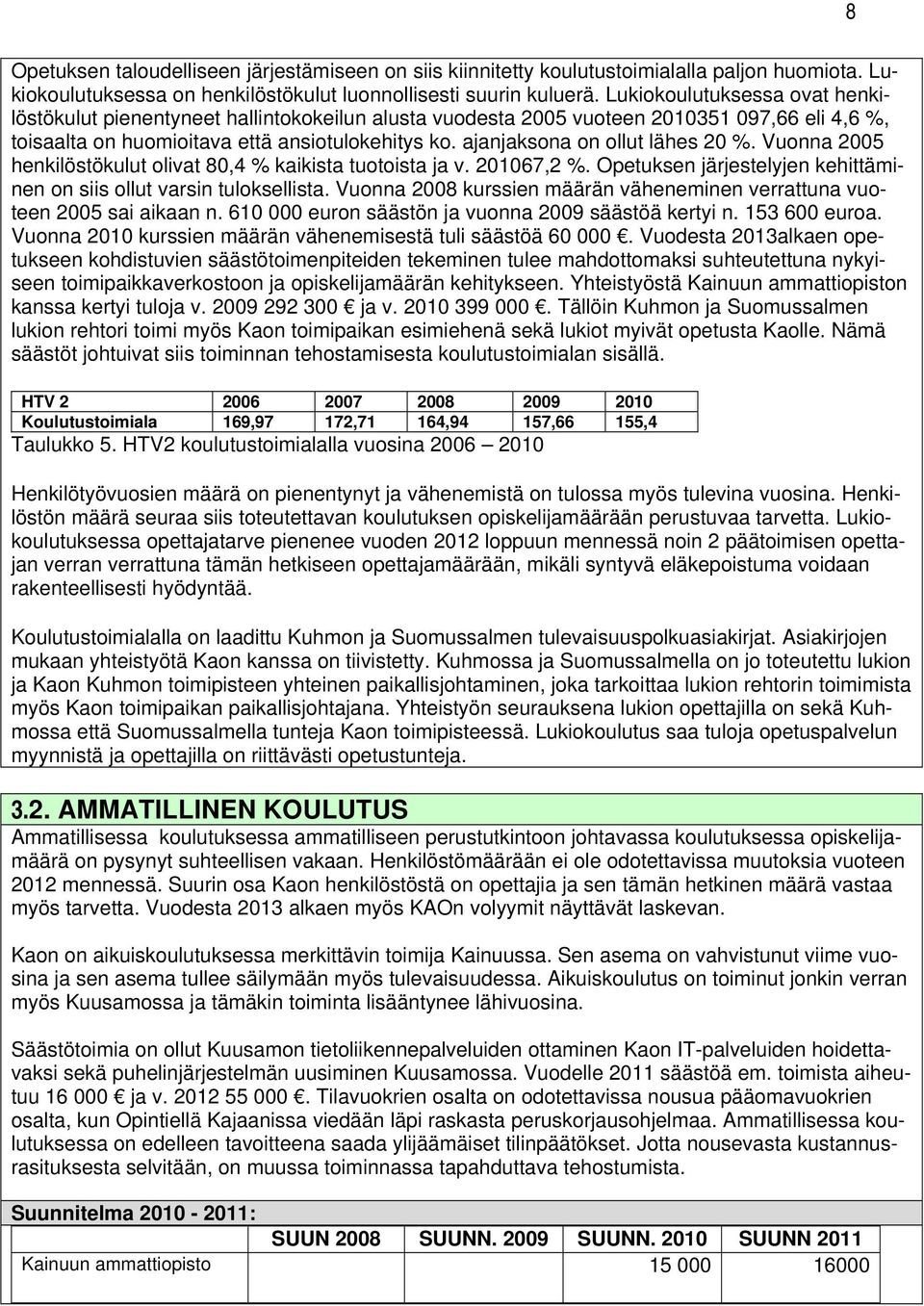 ajanjaksona on ollut lähes 20 %. Vuonna 2005 henkilöstökulut olivat 80,4 % kaikista tuotoista ja v. 201067,2 %. Opetuksen järjestelyjen kehittäminen on siis ollut varsin tuloksellista.