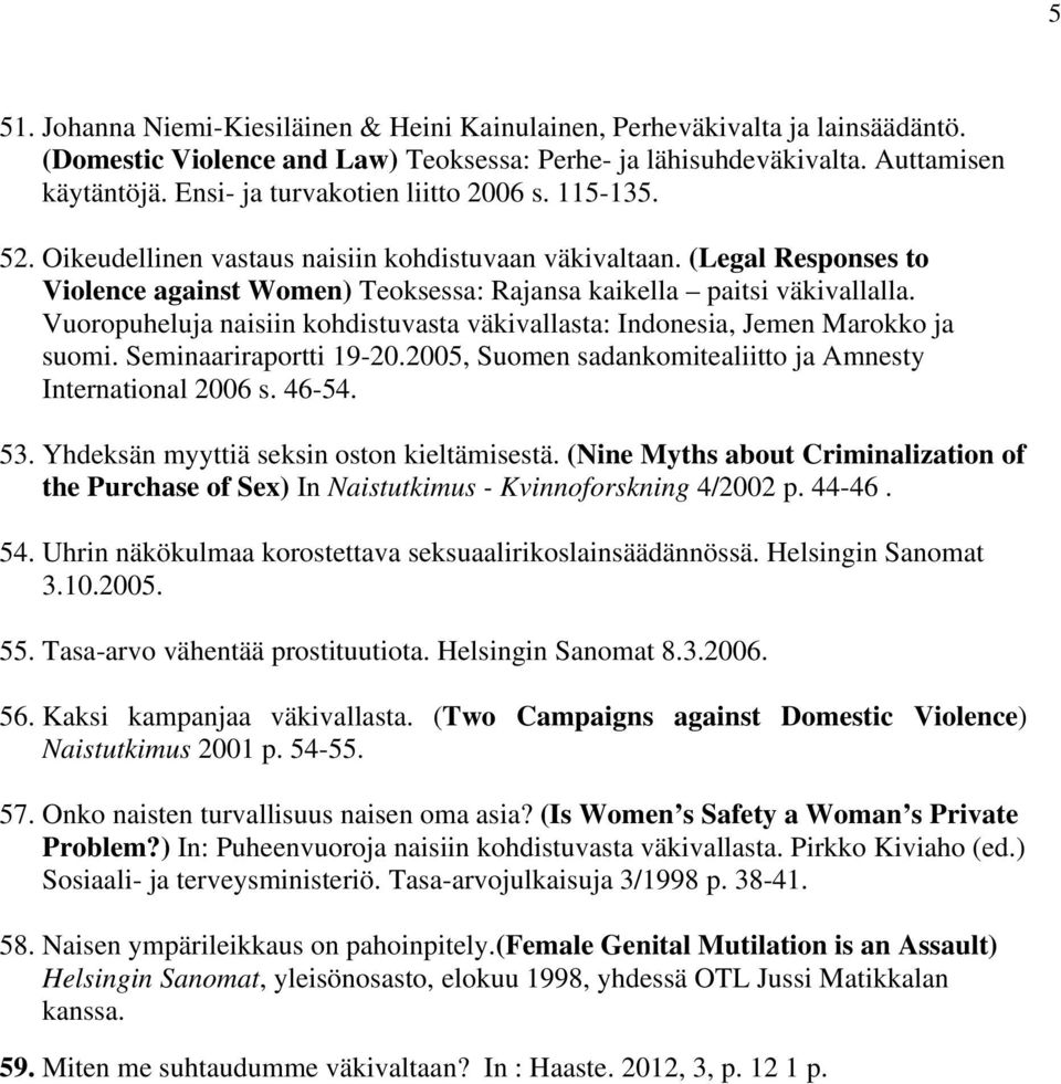 Vuoropuheluja naisiin kohdistuvasta väkivallasta: Indonesia, Jemen Marokko ja suomi. Seminaariraportti 19-20.2005, Suomen sadankomitealiitto ja Amnesty International 2006 s. 46-54. 53.