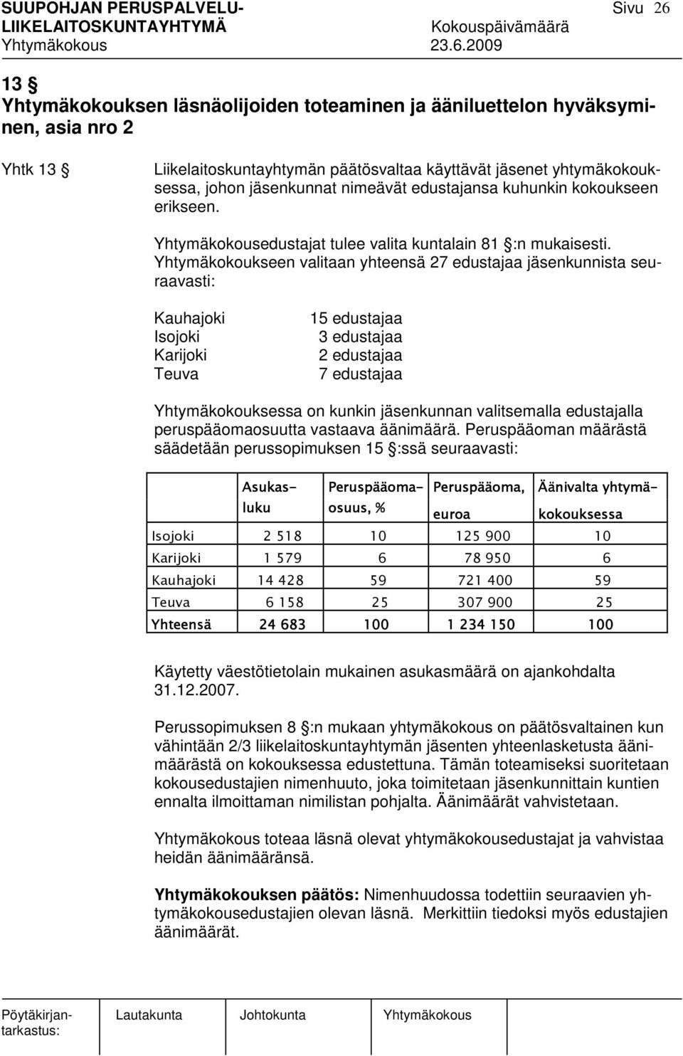 Yhtymäkokoukseen valitaan yhteensä 27 edustajaa jäsenkunnista seuraavasti: Kauhajoki Isojoki Karijoki Teuva 15 edustajaa 3 edustajaa 2 edustajaa 7 edustajaa Yhtymäkokouksessa on kunkin jäsenkunnan