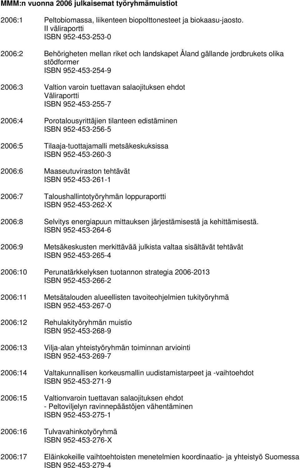 Väliraportti ISBN 952-453-255-7 2006:4 Porotalousyrittäjien tilanteen edistäminen ISBN 952-453-256-5 2006:5 Tilaaja-tuottajamalli metsäkeskuksissa ISBN 952-453-260-3 2006:6 Maaseutuviraston tehtävät