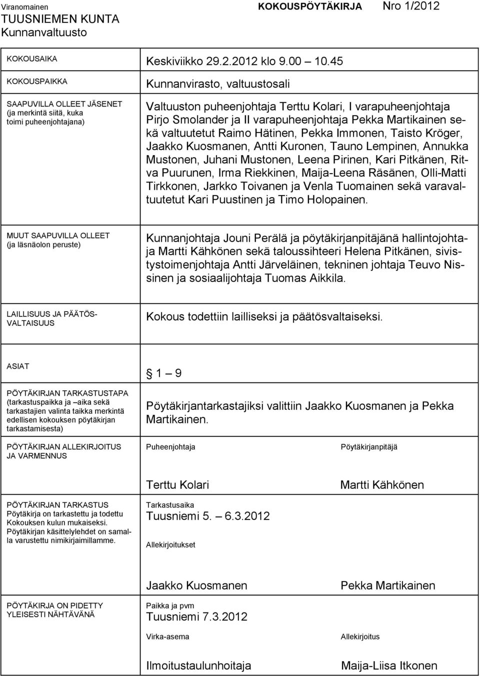 II varapuheenjohtaja Pekka Martikainen sekä valtuutetut Raimo Hätinen, Pekka Immonen, Taisto Kröger, Jaakko Kuosmanen, Antti Kuronen, Tauno Lempinen, Annukka Mustonen, Juhani Mustonen, Leena Pirinen,